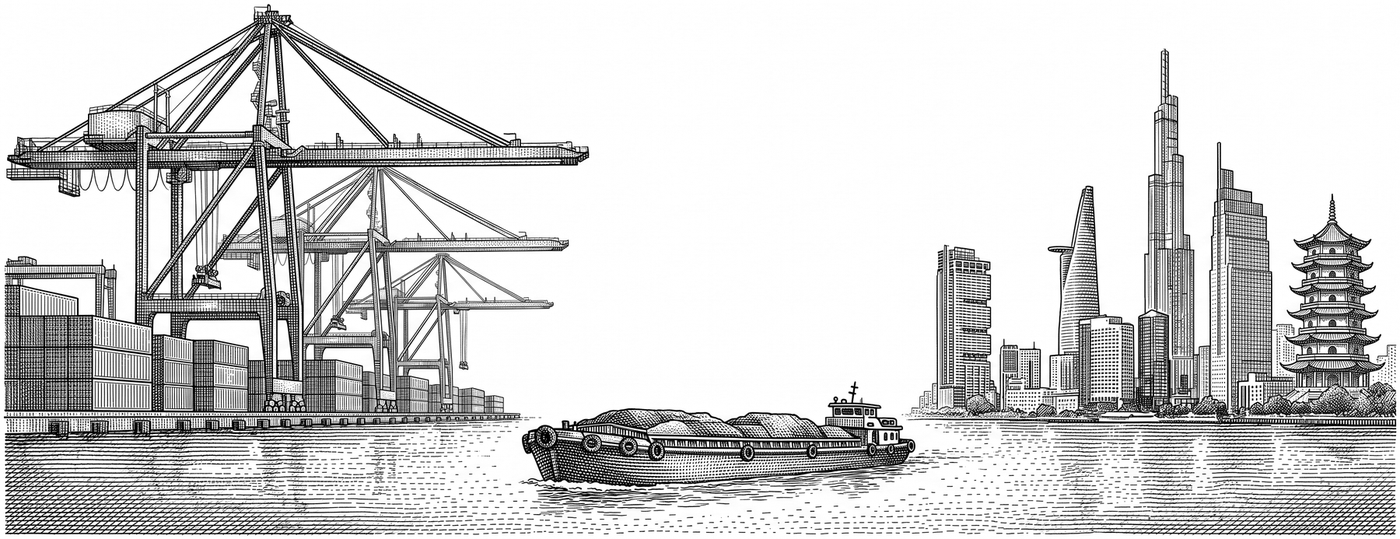 Engraving: a Vietnamese container port, a river barge and the Ho Chi Minh City skyline